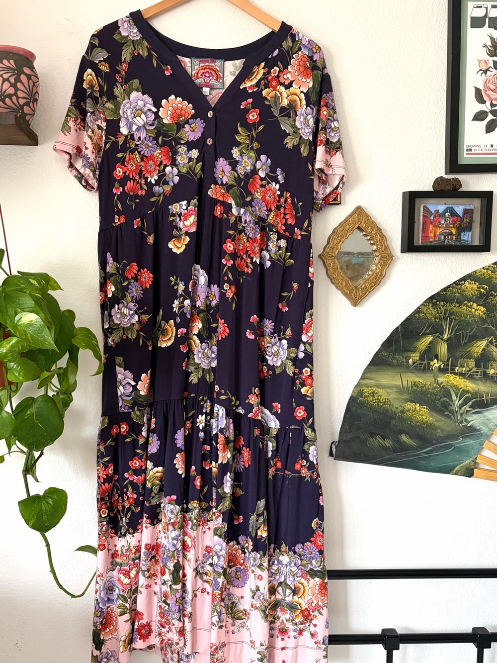 Johnny Was Janie Favorite Elsa Tiered Henley Midi Dress Dark Blue Floral - Large